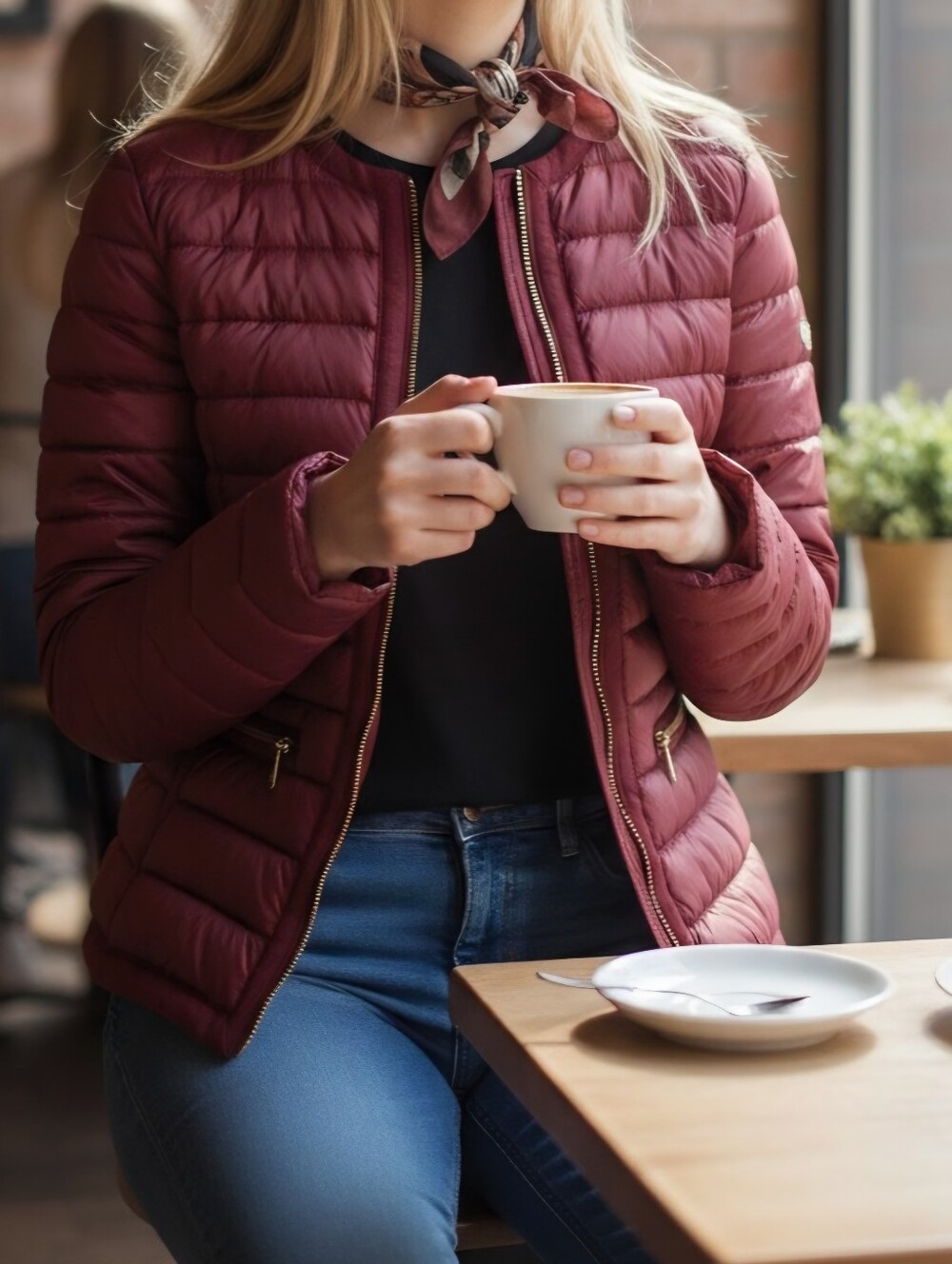 Massimo Dutti Quilted Puffer Jacket - Wine Red with Gold Zippers